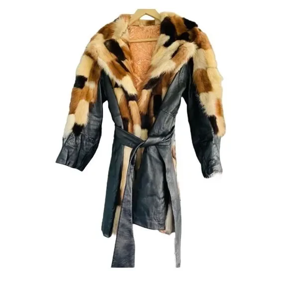 FUR COAT Genuine Y2K Vintage Rabbit Fur Leather Patchwork Long Belted Winter Coa